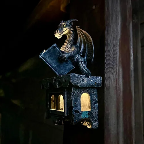 Miniatura 10 de Estatua de Dragón de Jardín con Energía Solar Figura Luminosa para Exteriores Decoración Linda que Sostiene Bola de Cristal Brillante Escultura
