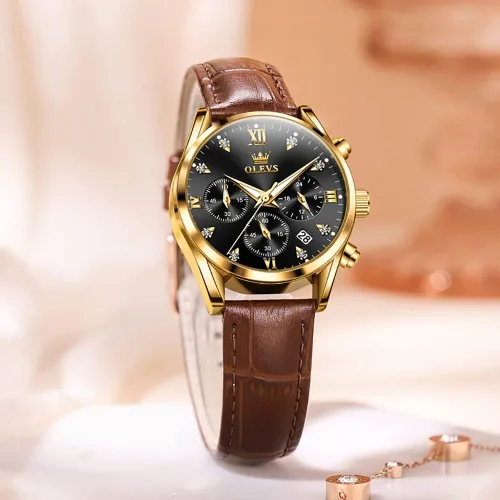 Miniatura 2 de OLEVS Reloj de pulsera para mujer, correa de cuero, reloj de cuarzo, cronógrafo, fecha, impermeable, luminoso, regalo para mujer