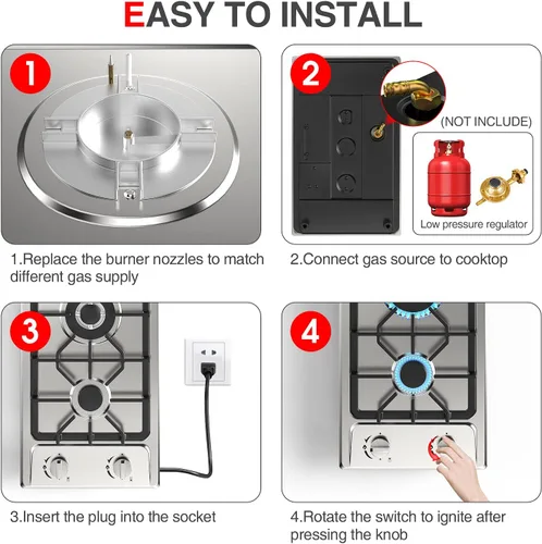 Miniatura 7 de ANHANE Estufa de gas de 2 quemadores de 12 pulgadas: superficie de cocción de propano portátil de acero inoxidable para RV, apartamentos