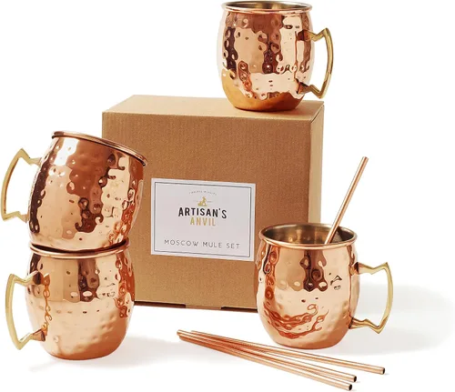 Artisan's Anvil Tazas para Moscow Mule con pajitas, cómodo asa de latón, fabricadas en acero inoxidable, forma martillada original, recubiertas de