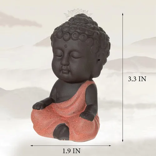 Miniatura 6 de FENGSHUI-CAISHEN Estatua de Little Buddha, figura de Buda bebé, arcilla hecha a mano para meditar decoración de escritorio zen para interiores Rojo