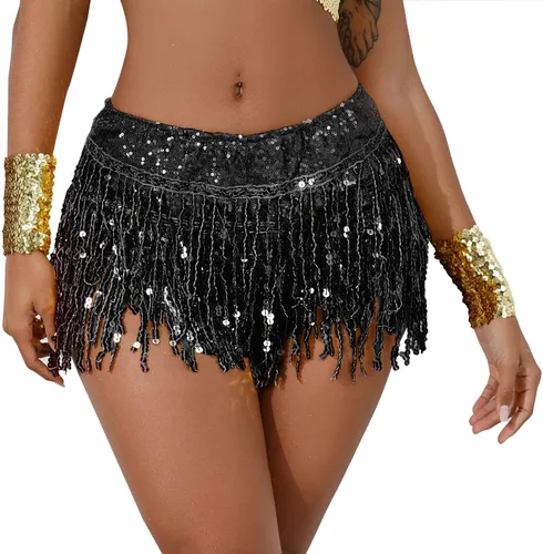 FEOYA Pantalones cortos de lentejuelas para mujer, falda brillante con borlas, trajes de festival, rave, pantalones calientes
