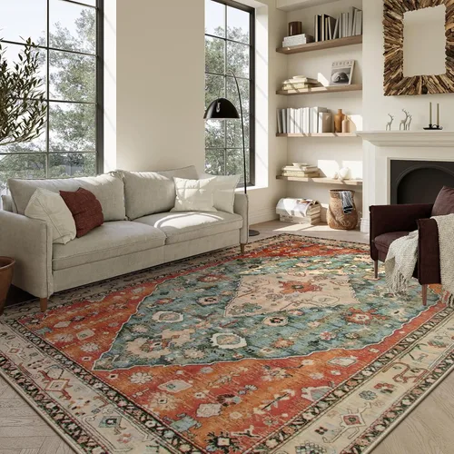 Miniatura 10 de Lahome Alfombra tribal bohemia de 2 x 3 pies, alfombra verde pequeña para entrada, suave, antideslizante, lavable, alfombra de baño bohemia de pelo