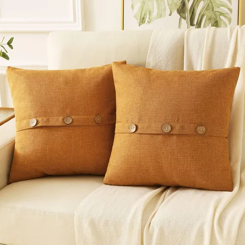 HAUSSY Fundas de Almohada Decorativas de Lino Naranja Quemado 24x24 Pulgadas Juego de 2, Funda de Cojín Euro Cuadrada con 3 Botones Vintage,