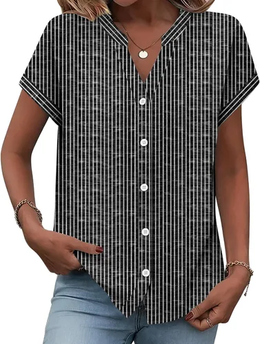 Miniatura 20 de Zeagoo Camisas con botones para mujer, camisetas de manga corta, cuello en V, blusas casuales de negocios