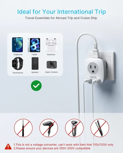 Miniatura 5 de VINTAR - Adaptador de enchufe de viaje europeo de 3 unidades, adaptador de enchufe de alimentación internacional con 2 puertos USB, 2 salidas