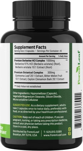 Miniatura 8 de ForestLeaf Suplemento de berberina - 1300 mg por porción - HCl de berberina de ultra alta potencia con canela de Ceilán, melón amargo y gimnema