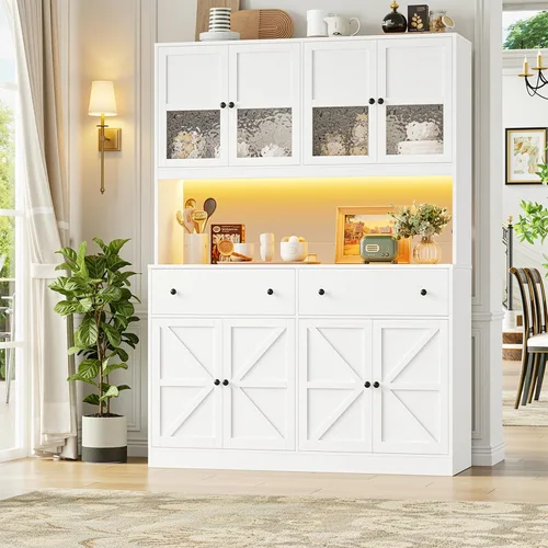 Miniatura 2 de FINETONES Armario de despensa de 71 pulgadas con luz LED y estación de carga, armario de despensa de cocina de granja con soporte para microondas