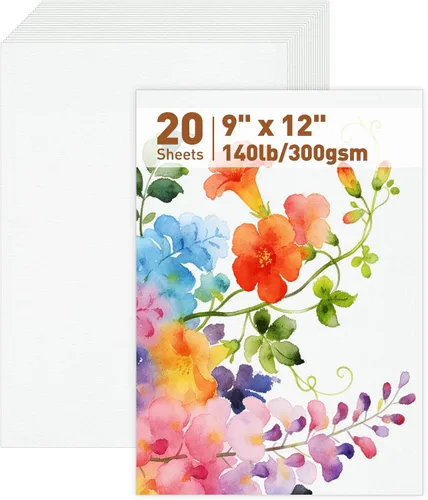 MAXECHO 20 hojas de papel de acuarela de prensa en frío, papel de dibujo de color de agua de algodón de 9 x 12 pulgadas, 140 libras/10.58 oz/m²,