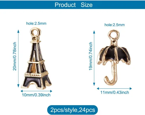 Miniatura 5 de KISSITTY 24 unidades/caja 3D paraguas y torre esmaltados encantos 12 estilos de aleación de oro claro colgantes 0.748x0.433 in y 0.787x0.394 in