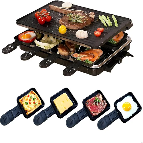 Parrilla de barbacoa coreana 2 en 1, parrilla eléctrica antiadherente Raclette con 8 sartenes de raclette, temperatura ajustable de 1300 W,