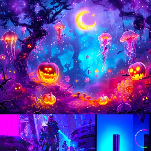 Miniatura 3 de BJYHIYH Tapiz extra grande de Halloween con luz negra para colgar en la pared, tapiz de bosque para dormitorio, sala de estar (90 x 70 pulgadas)