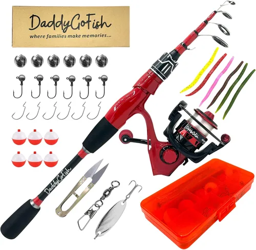 Miniatura 8 de DaddyGoFish Juego combinado de caña de pescar y carrete giratorio con caja de aparejos Caña de pescar para niños Kit de caña de pescar Rosa