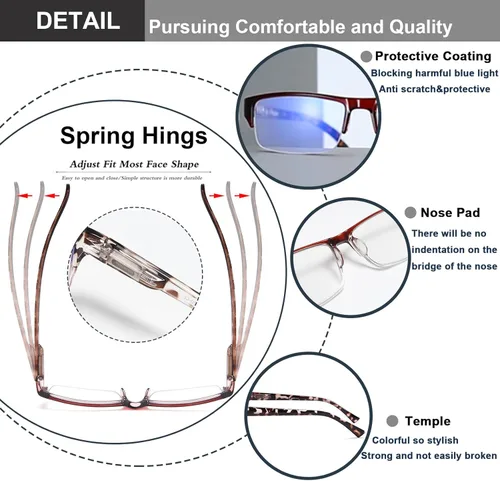 Miniatura 4 de EYEURL Paquete de 4 lentes de lectura con luz azul de medio marco para hombres, lectores rectangulares sin montura para mujeres, lentes de bisagra
