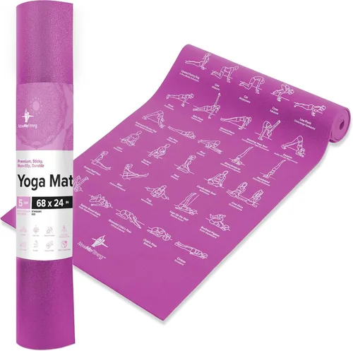 NewMe Fitness - Alfombrilla de yoga con 70 posturas instructivas ilustradas, 24 in de ancho x 68 in de largo Púrpura
