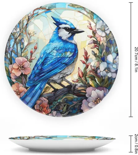 Miniatura 2 de Platos decorativos, pájaro azul y flores, pintura de vitrales, plato de cena de cerámica para el hogar con soporte de exhibición, decoración