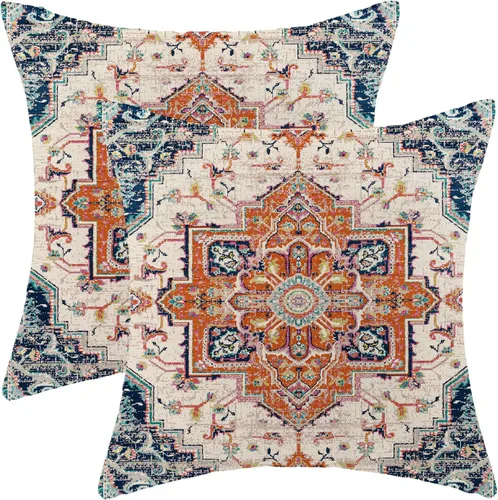 Miniatura 13 de Juego de 2 fundas de almohada bohemias de 20 x 20 pulgadas, fundas de cojín con patrón de alfombra, color amarillo mostaza y azul, diseño étnico