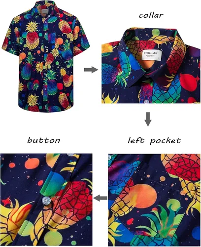 Miniatura 5 de fohemr Mens Hawaiian Shirt and Short Beach Set Match Tropical PineappleFlamingo Pattern Outfits Short Sleeve Short 2 PC