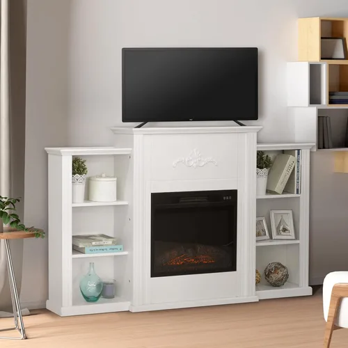 Miniatura 3 de MFSTUDIO Soporte de TV eléctrico grande de 70 pulgadas con chimenea de granja blanca, consola central de entretenimiento multimedia con chimenea