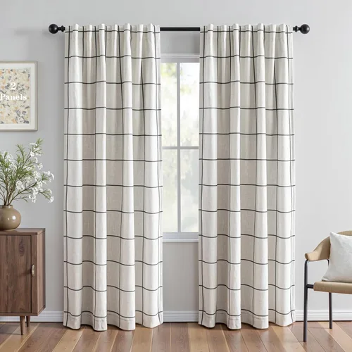 Miniatura 10 de MYSKY HOME Cortinas de Lino a Cuadros 100% Opacas de 45 Pulgadas de Largo de Doble Capa Estilo Granja con Aislamiento Térmico Estampado a Cuadros
