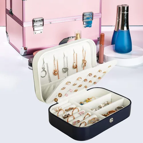 Miniatura 2 de Joyero para viaje, pequeño organizador de piel sintética para mujeres y niñas, estuche miniatura de viaje de doble capa, portátil, de exhibición