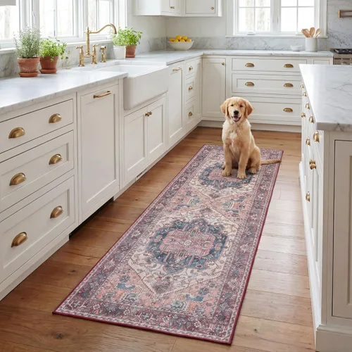 SAFAVIEH Tucson Collection - Alfombra lavable de 2 pies 6 x 8 pies, color beige y rosa, antideslizante, ideal para zonas de alto tráfico en sala de
