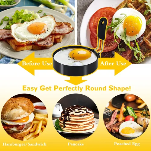 Miniatura 4 de Anillos para huevos de 3.5 pulgadas con mango de silicona, anillos de cocina para huevos de acero inoxidable, antiadherentes, para freír huevos