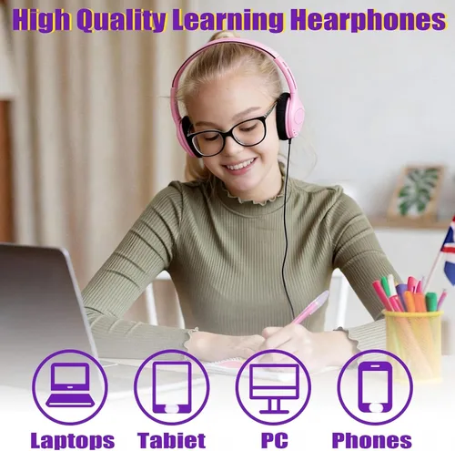 Miniatura 4 de Yunsailing Paquete de 10 auriculares con cable sobre la oreja a granel para estudiantes de aula escolar, diadema ajustable con conector de 0.138 in