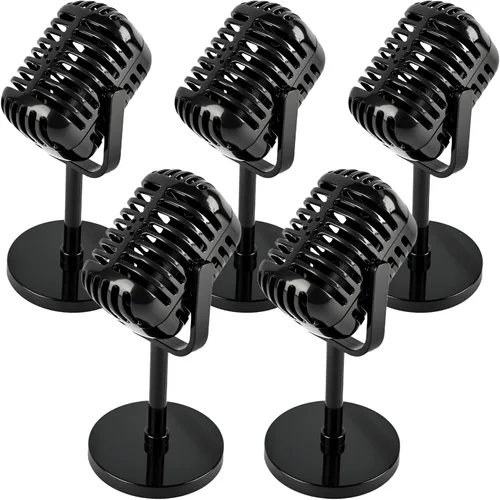 5 piezas de accesorios de micrófono, modelo retro vintage, accesorio de micrófono con soporte, micrófono falso, centro de mesa de micrófono para hip