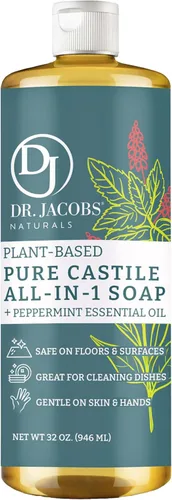 Dr. Jacobs Naturals Peppermint Castile Limpiador y jabón todo en uno, fórmula a base de plantas para limpieza de pisos y electrodomésticos, suave