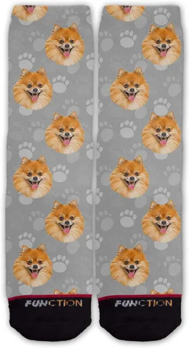 Función calcetines de moda con cara de perro Pomerania, patrón de cabeza, colores de cachorro, amor