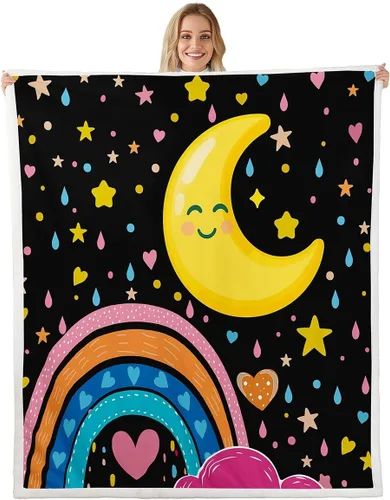 Manta de franela arcoíris para todas las estaciones, colorida manta de cama con diseño de estrellas, luna y cielo para decoración de habitaciones,