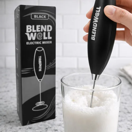 Miniatura 5 de BlendWell Espumador de leche eléctrico para matcha y café, mezclador de bebidas de mano con batería, con soporte, batidor de acero inoxidable, negro