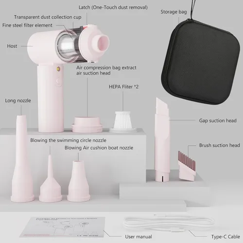 Miniatura 6 de Aspiradora de coche, soplador de aire portátil 4 en 1 16000 PA de alta potencia de 90 ° plegable inalámbrico sin escobillas, color rosa