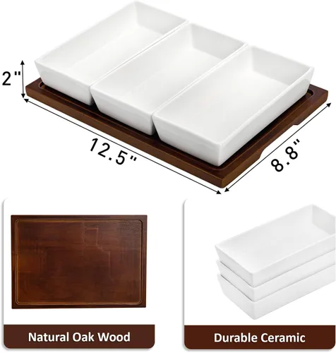 Miniatura 2 de Elsjoy Bandeja de servir de 3 secciones, plato de madera dividido con cuencos de cerámica, bandeja de inmersión de 3 compartimentos para aperitivos