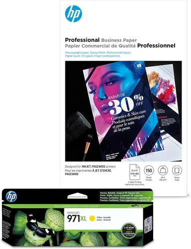 HP Tinta amarilla 970XL + HP Professional Business Paper, brillante, inyección de tinta, 11 x 17, 150 hojas