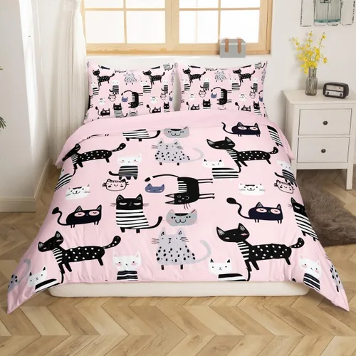 Miniatura 25 de Erosebridal Juego de funda de edredón con diseño de gato y fresa, tamaño individual, diseño de caricaturas, arcoíris, con temática de animales