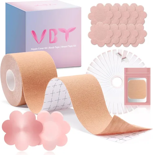 Breast Tape Replace Your Bra-Instant Boob Tape Suitable for A-G Bob Tape for Breast Lift w 1 Breast Lift Tape 5 Pairs Satin Breast Petals 1 Pair