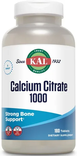 KAL Citrato de calcio 1000 mg, suplementos de calcio para mujeres y hombres, salud ósea, dientes, apoyo del sistema nervioso, muscular y