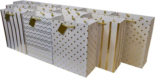 Bolsas de regalo de papel dorado metálico con asas, ideales para fiesta de cumpleaños, con diseños de lunares, rayas y cheurón; 12 unidades. 4 x