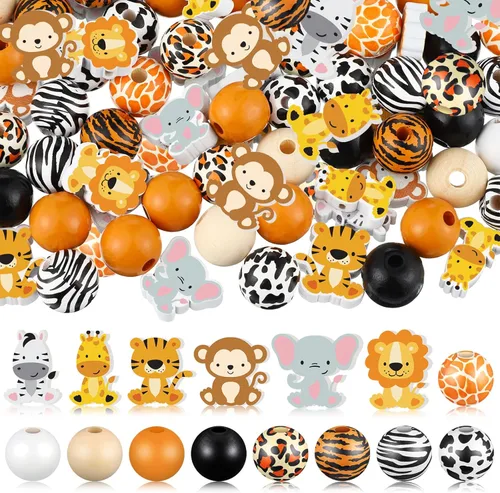 200 piezas de lindas cuentas de madera con animales de la jungla con estampado de vaca, leopardo, tigre y jirafa, cuentas sueltas con separadores