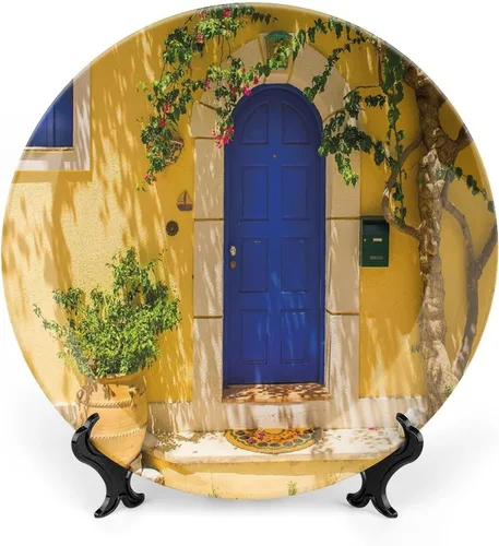 Miniatura 19 de XISUNYA Plato decorativo de 6 pulgadas, plato de porcelana amarillo y blanco, estrellas en tonos suaves, patrón elegante, adorno de impresión retro