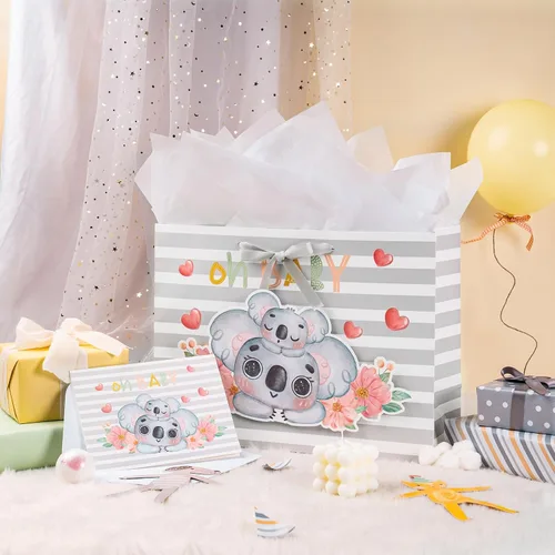 Miniatura 3 de Loveinside Bolsa de regalo de koala gris bebé con papel de seda y tarjeta de felicitación para baby shower, nuevos padres y más, 16 x 6 x 12