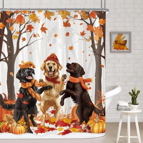 AMBZEK Cortina de ducha de otoño para perro, 60 pulgadas de ancho x 72 pulgadas de largo, hojas de arce, calabaza, caricatura, cachorro, divertidos,