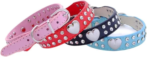 Miniatura 5 de Lindo collar de perro de 2 filas de diamantes de imitación con forma de corazón tachonado para perro pequeño o mediano, rojo, XXS
