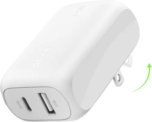 Belkin Bloque de Carga de 42W con 2 Puertos, Cargador USB-C + USB-A de Super Carga Rápida - Samsung Galaxy S25, Apple iPhone 17, Air, Pro, Pro Max,