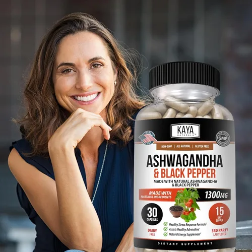 Miniatura 9 de Kaya Naturals Raíz de Ashwagandha con pimienta negra Suplemento adaptógeno de máxima fuerza de 1300 mg, ayuda a la salud suprarrenal, glandular