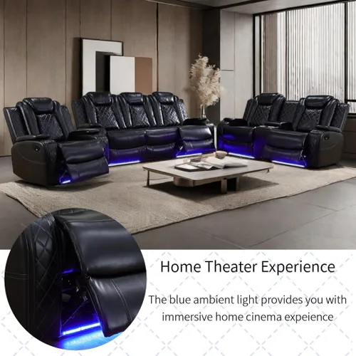 Miniatura 5 de Juego de sillón reclinable eléctrico con luces LED, juego reclinable de cuero Air con puerto USB/cargador inalámbrico/consola de Negro