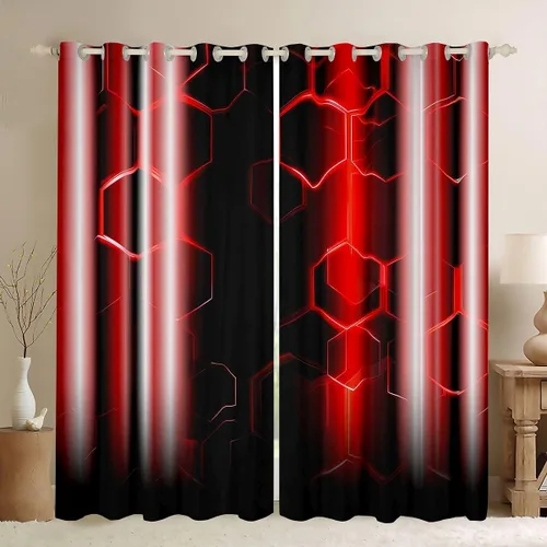 Miniatura 37 de jejeloiu Cortinas rojas y negras para dormitorio (2 paneles, 38 x 45 pulgadas) con líneas geométricas de rayas 30% a 50% cortinas opacas para niños