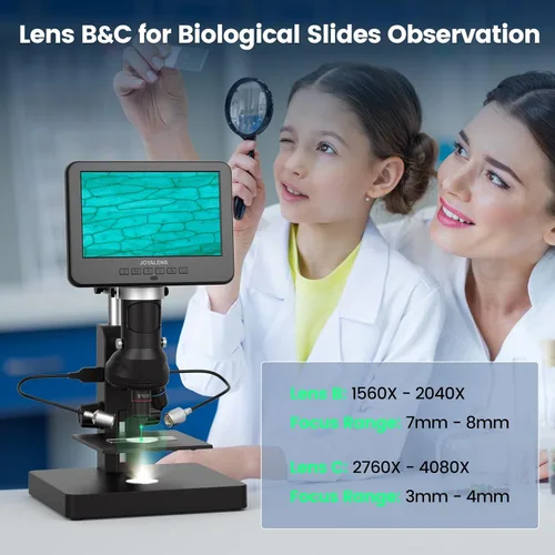 Miniatura 4 de JL246PS Microscopio digital HDMI de 3 lentes de 7 pulgadas 4000X, microscopio biológico para adultos y niños con diapositivas preparadas, video UHD